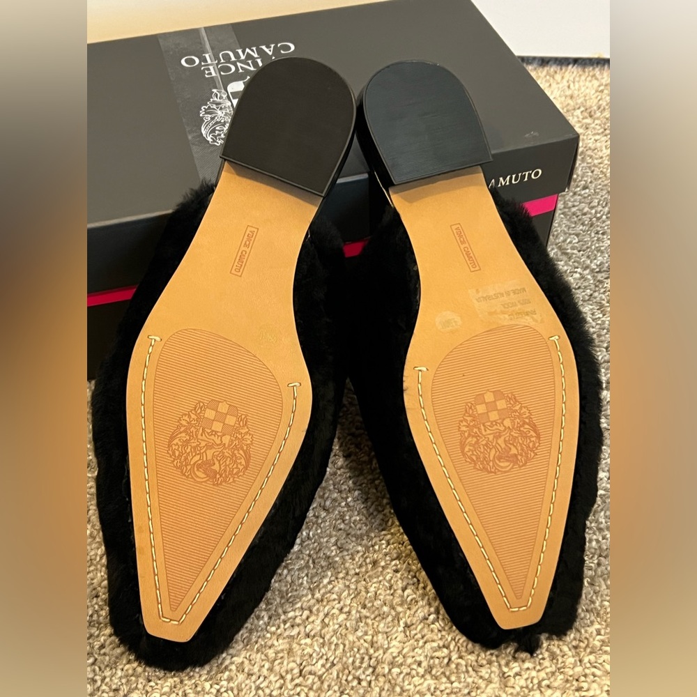 NIB Vince Camuto Samara Black Shearling Faux Fur Pointed Mule Slides Flats 9.5 - Picture 10 of 16